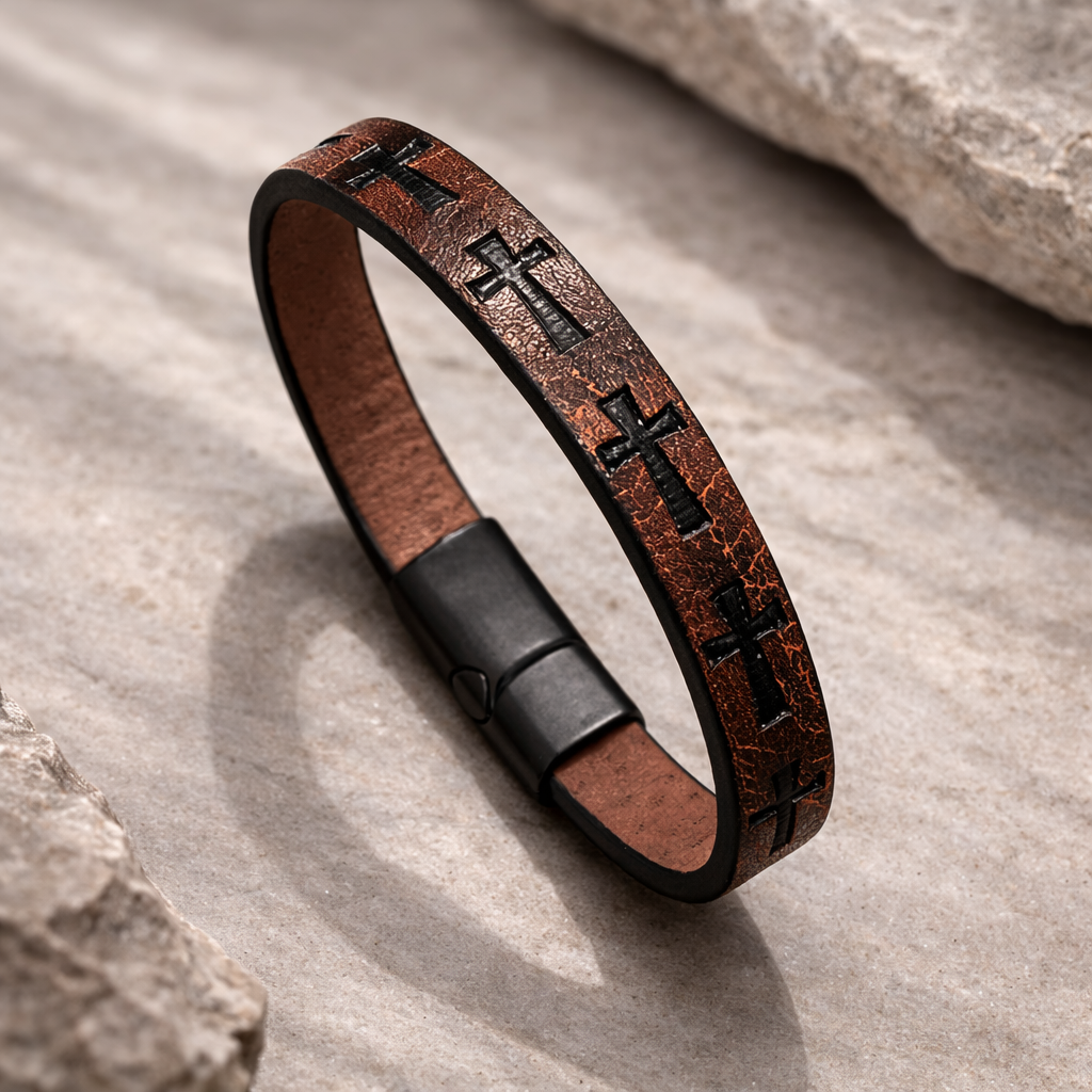 Men’s Cross Magnetic Leather Bracelet | Rugged & Rooted