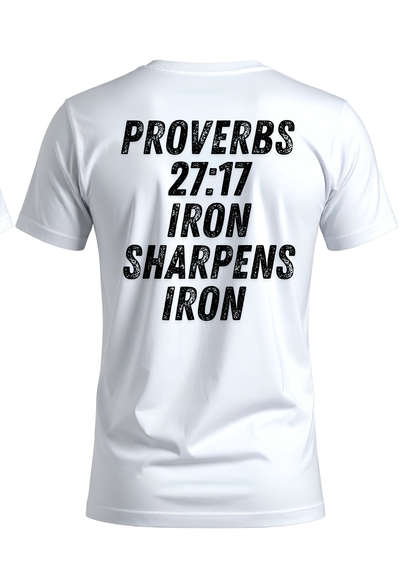 Proverbs 27:17 Men’s White T-Shirt | Strength in Brotherhood