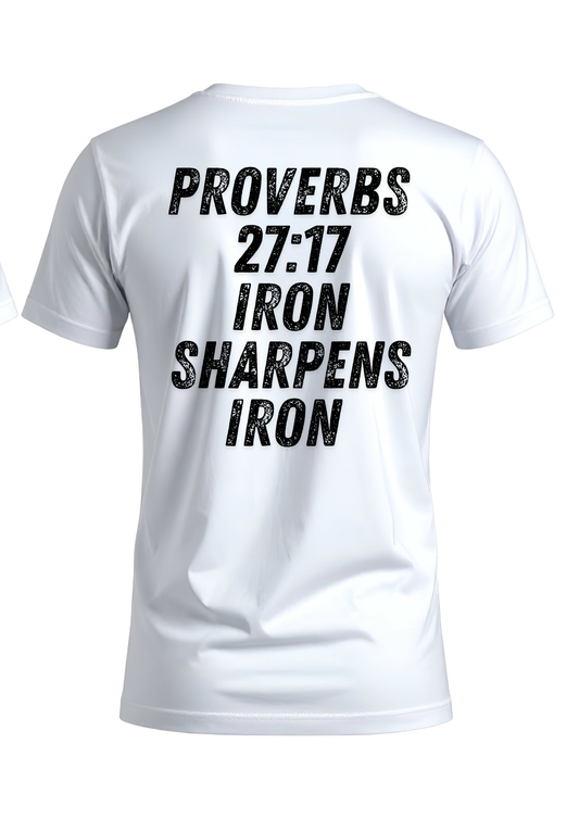 Proverbs 27:17 Men’s White T-Shirt | Strength in Brotherhood